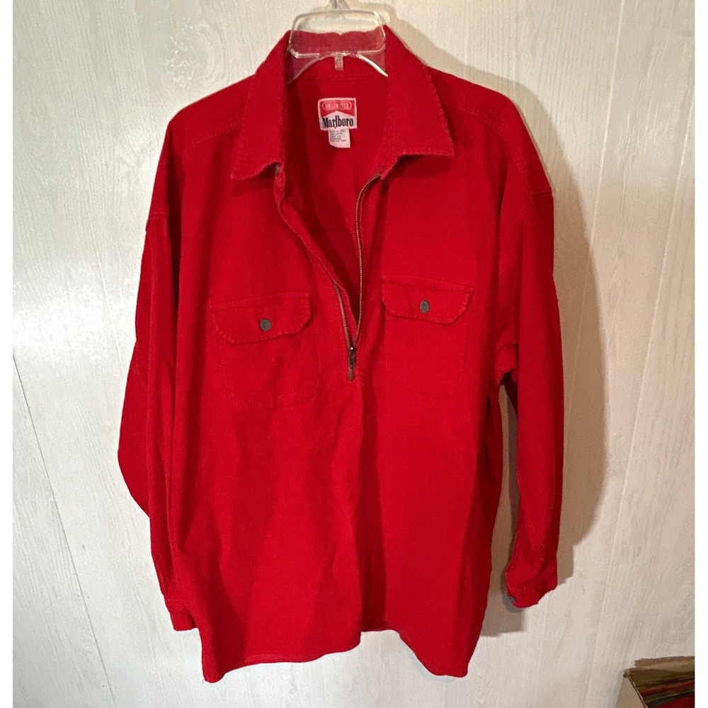 Marlboro vintage Men Red Corduroy Cotton Long Sleeve 1/4 Zip Pocket Shirt